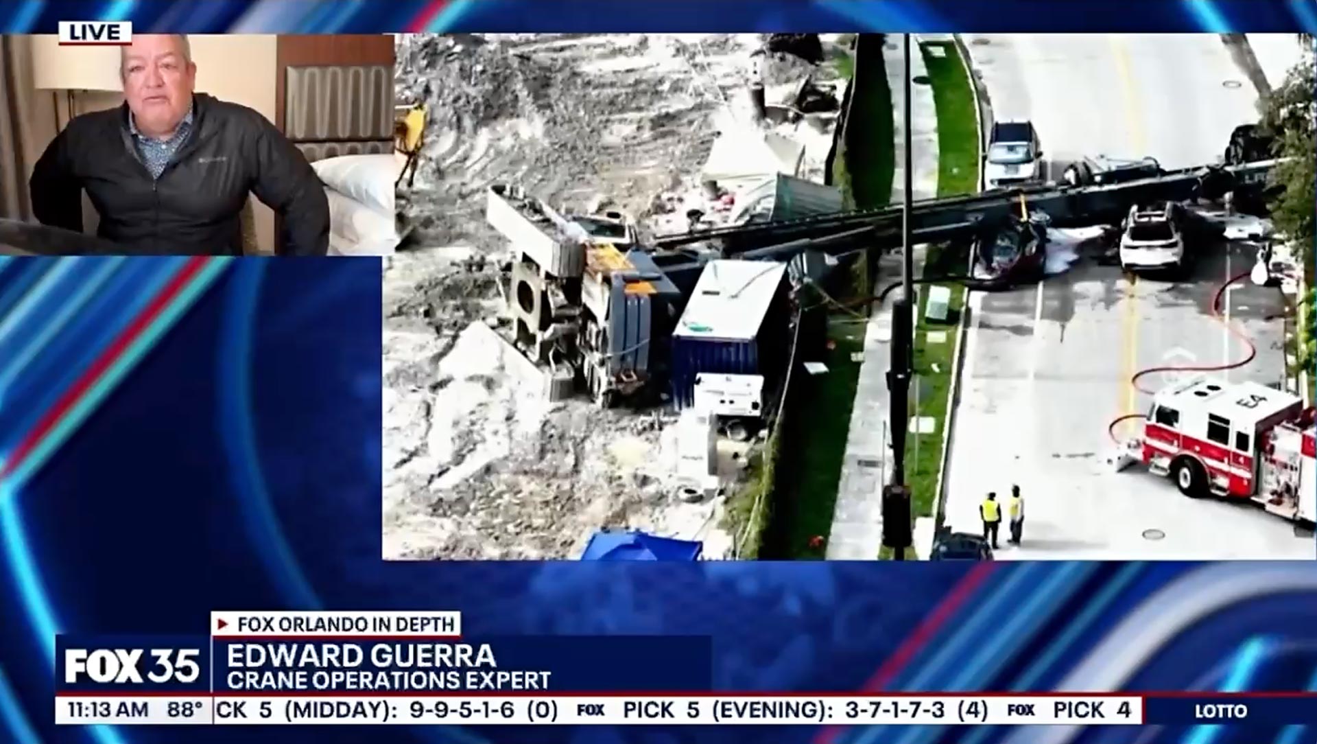 Edward Guerra identified as a crane operations expert during a FOX 35 Orlando interview, alongside aerial footage of the Miami collapse.
